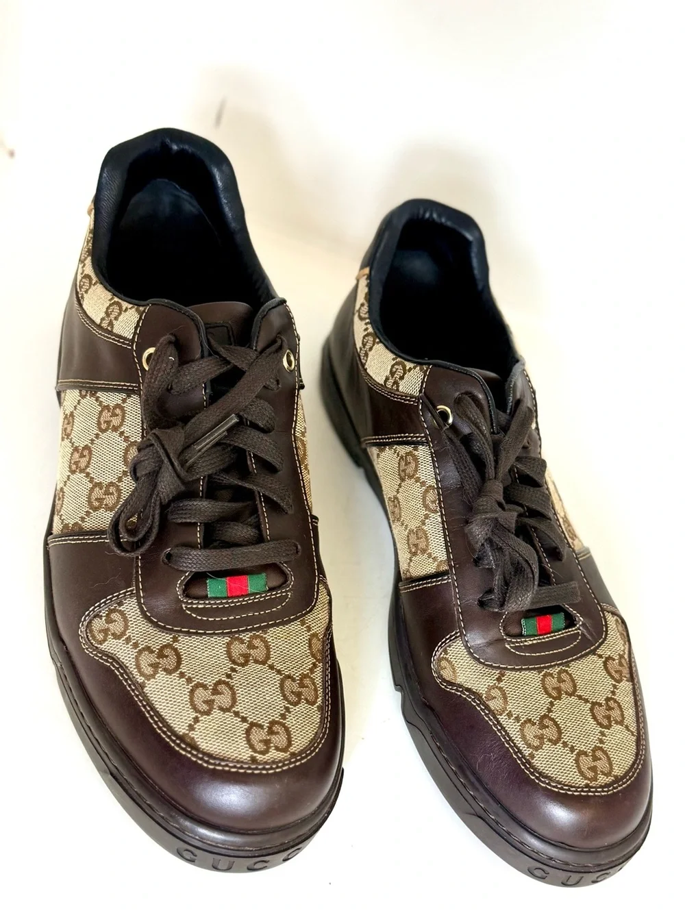 Gucci Brown GG Canvas & Dark Brown Leather Sneakers with Green-Red Web Size 8